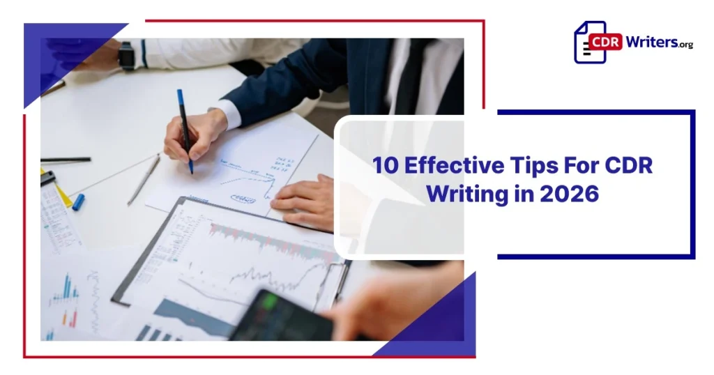 Top view of a laptop, notebook, and a hand writing effective tips for CDR writering in 2026.