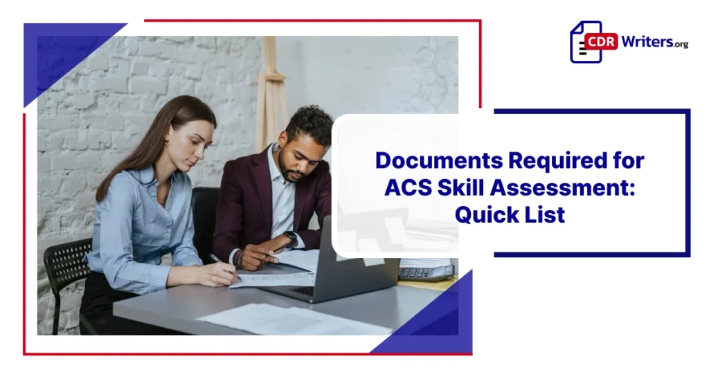 Two professionals reviewing documents required for ACS skill assessment at a desk with a laptop.