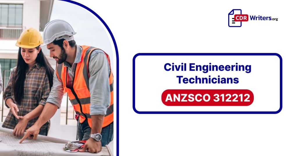Civil Engineering Technicians collaborating on a construction project. One technician is wearing a hard hat and safety vest, while the other is in casual attire. The text overlay reads "Civil Engineering Technicians ANZSCO 312212."