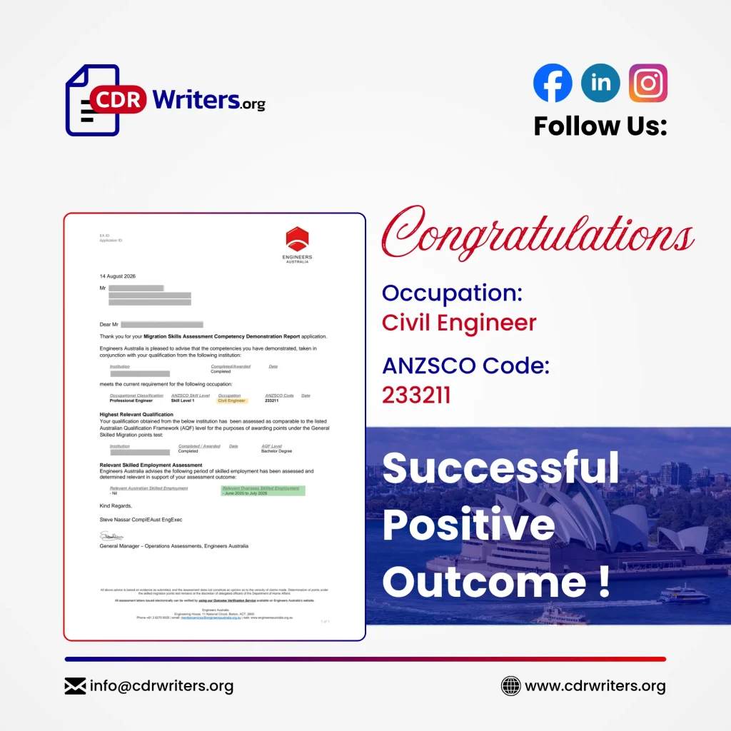 Engineers Australia positive skills assessment for Civil Engineer ANZSCO 233211