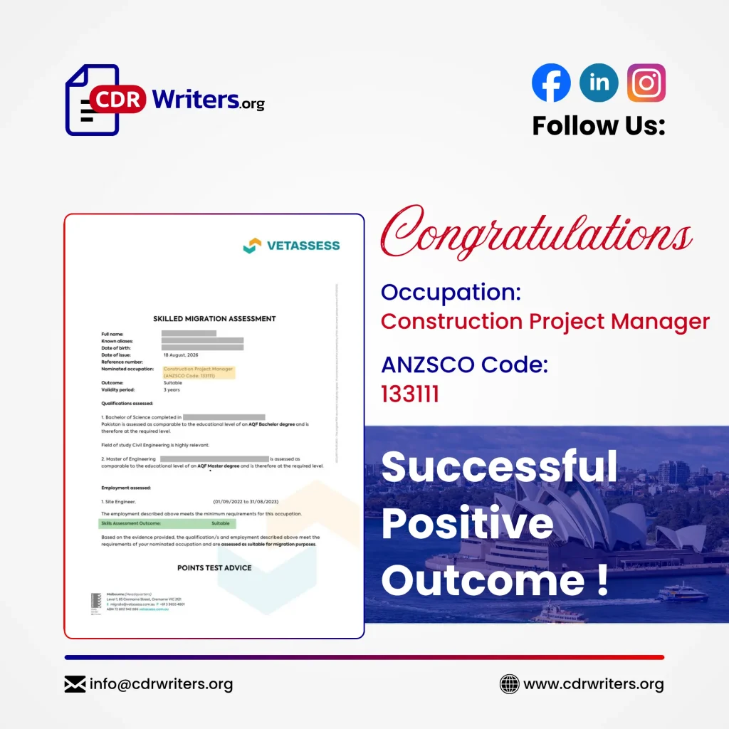 VETASSESS suitable skills assessment for Construction Project Manager ANZSCO 133111