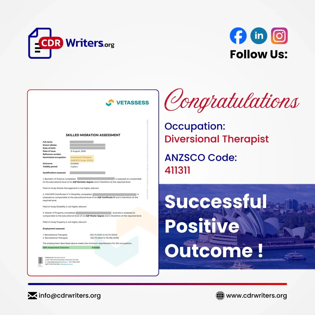 VETASSESS suitable skills assessment for Diversional Therapist ANZSCO 411311