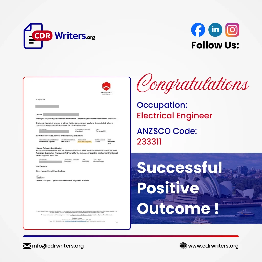 Successful Electrical Engineer skills assessment ANZSCO 233311