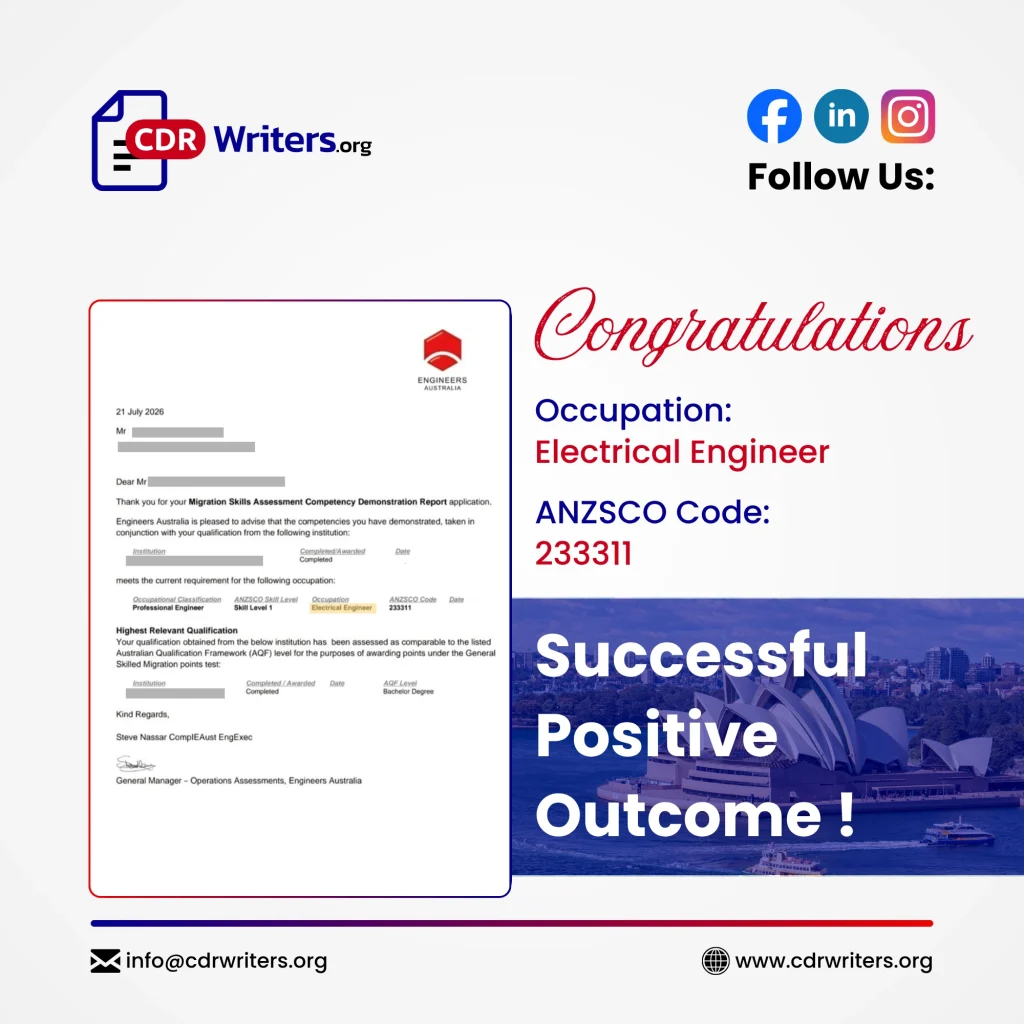 Engineers Australia positive skills assessment for Electrical Engineer ANZSCO 233311