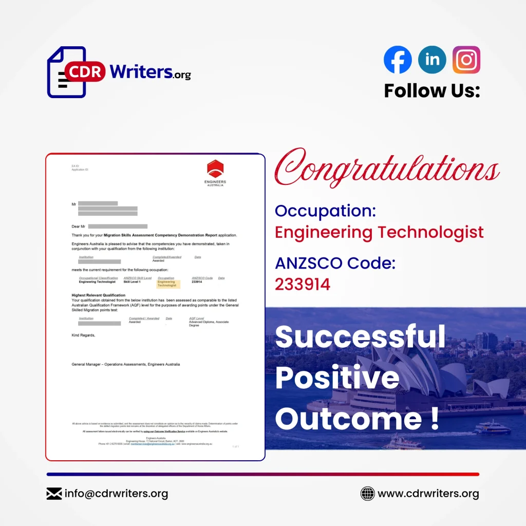 Successful Engineering Technologist skills assessment ANZSCO 233914