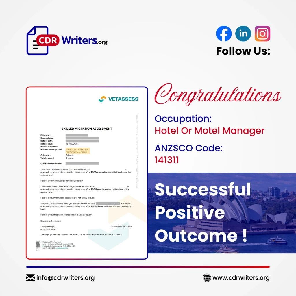 VETASSESS suitable skills assessment for Hotel or Motel Manager ANZSCO 141311