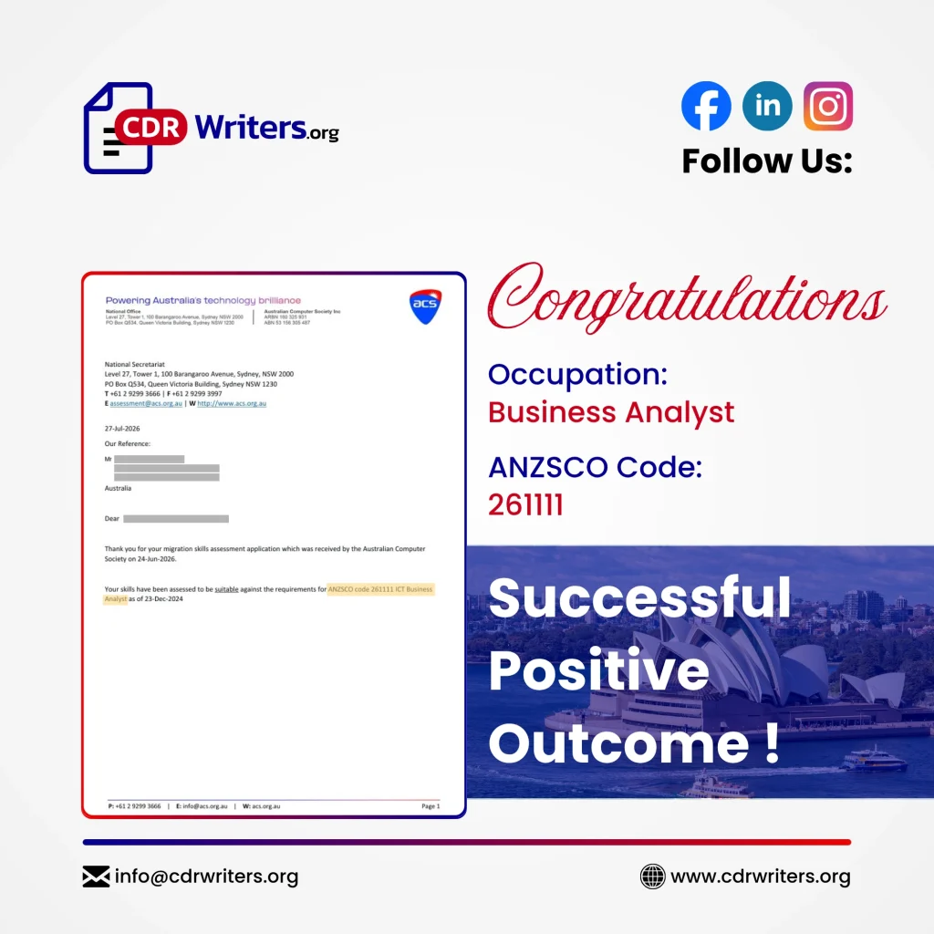 ACS positive skills assessment for ICT Business Analyst ANZSCO 261111