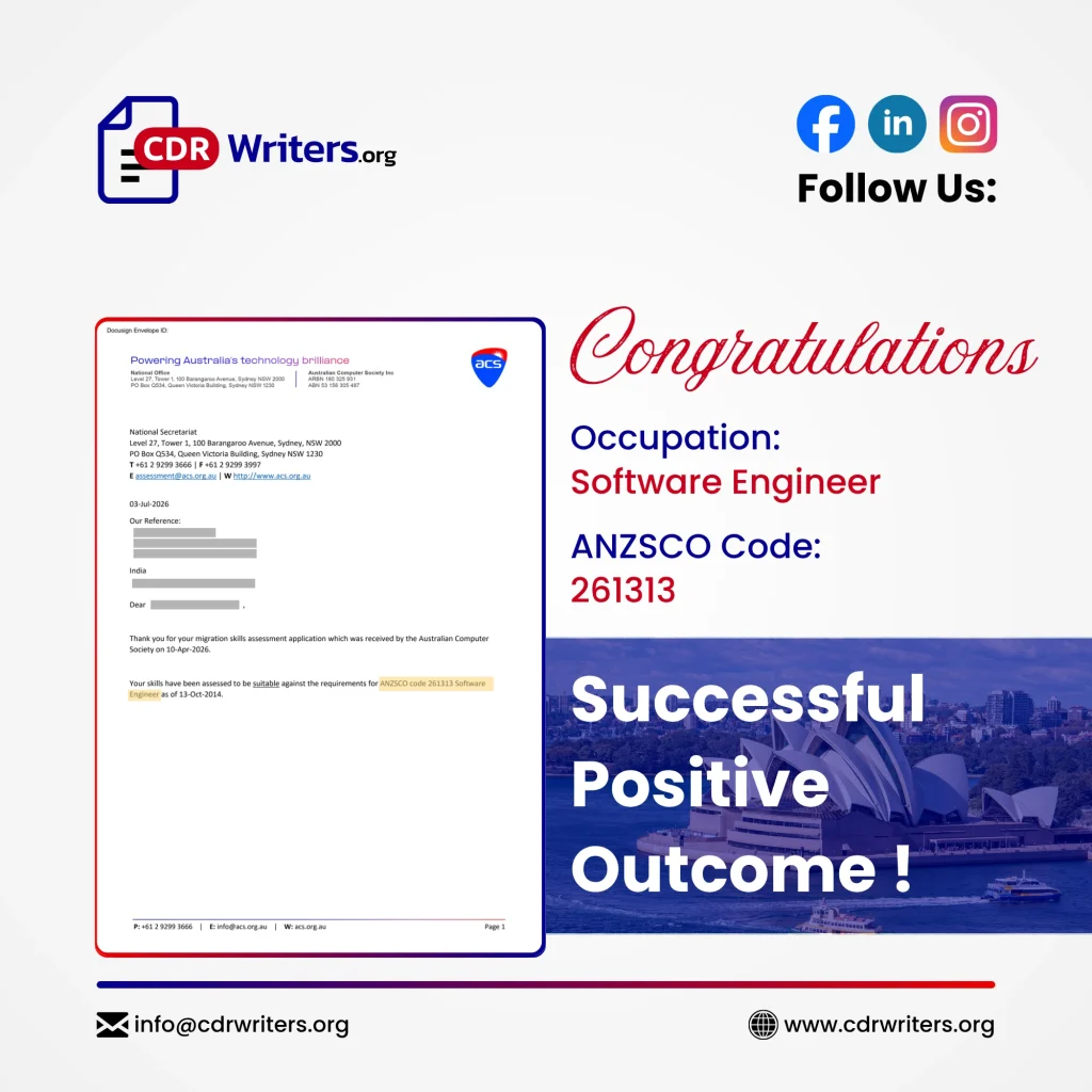 ACS positive skills assessment for Software Engineer ANZSCO 261313
